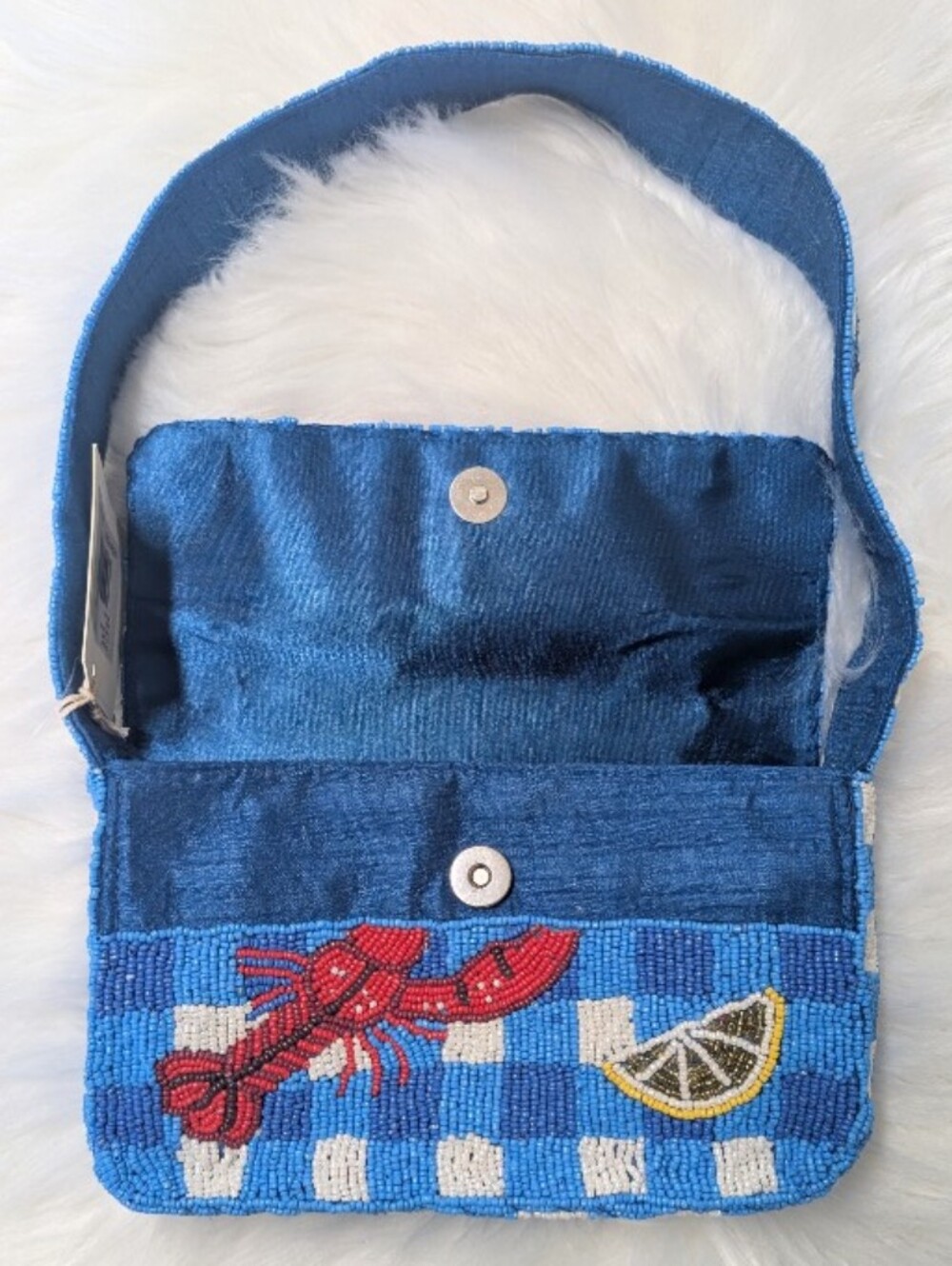 Viral 🎥 SOL and MER Blue Gingham Beaded Lobster and Lemon Shoulder Bag 🦞 - Picture 4 of 16